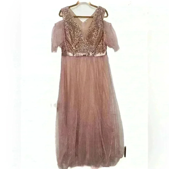 Women's Sequin Panel Hollow Shoulder Mesh Sheer Long Evening Gown Dress XL - Picture 4 of 6